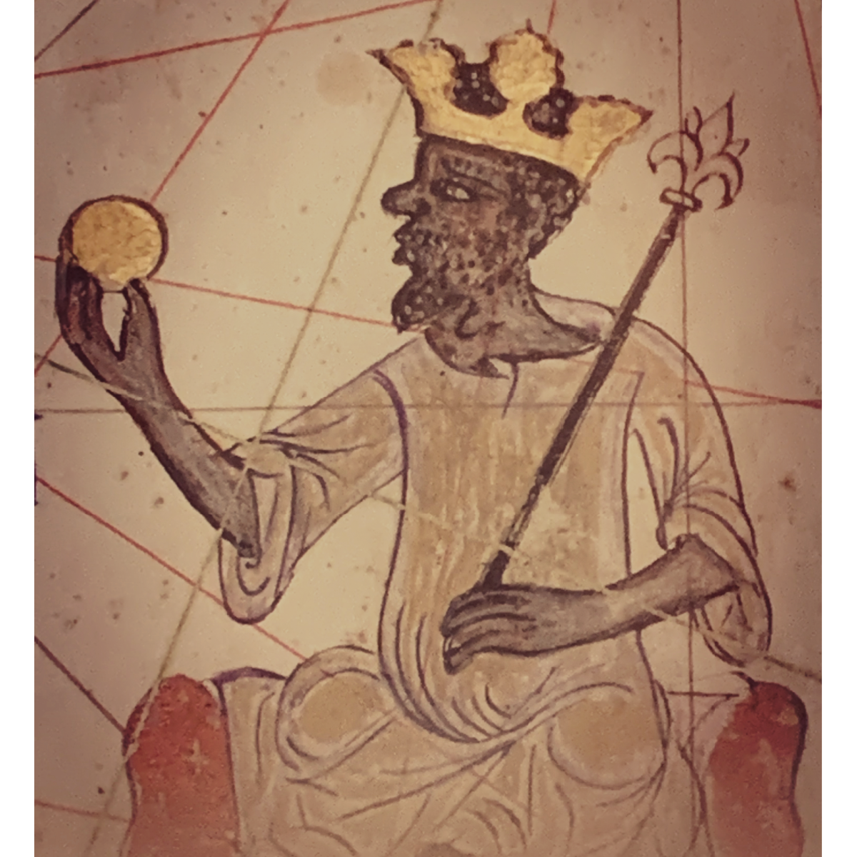 King Mansa Musa of the Mali Empire (14th Century) wears a golden crown and holds up a golden ball with a scepter in his left hand.